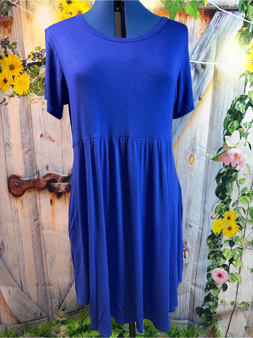 802-Flowy Royal Blue Short Sleeve Midi Dress